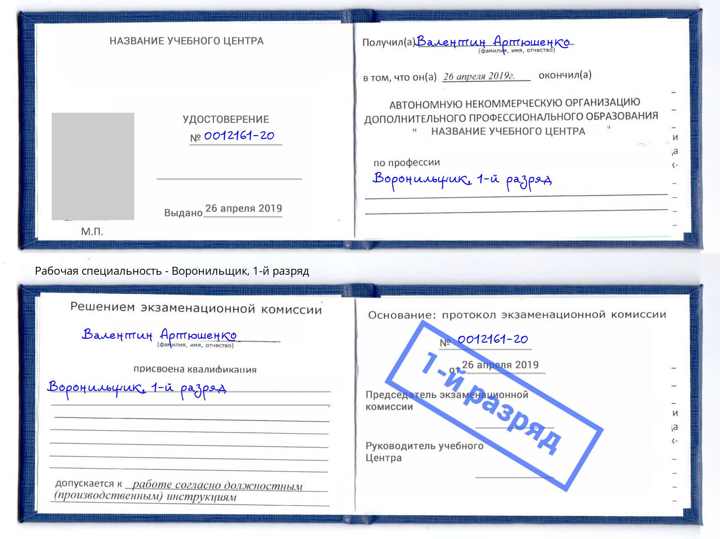 корочка 1-й разряд Воронильщик Жуковский
