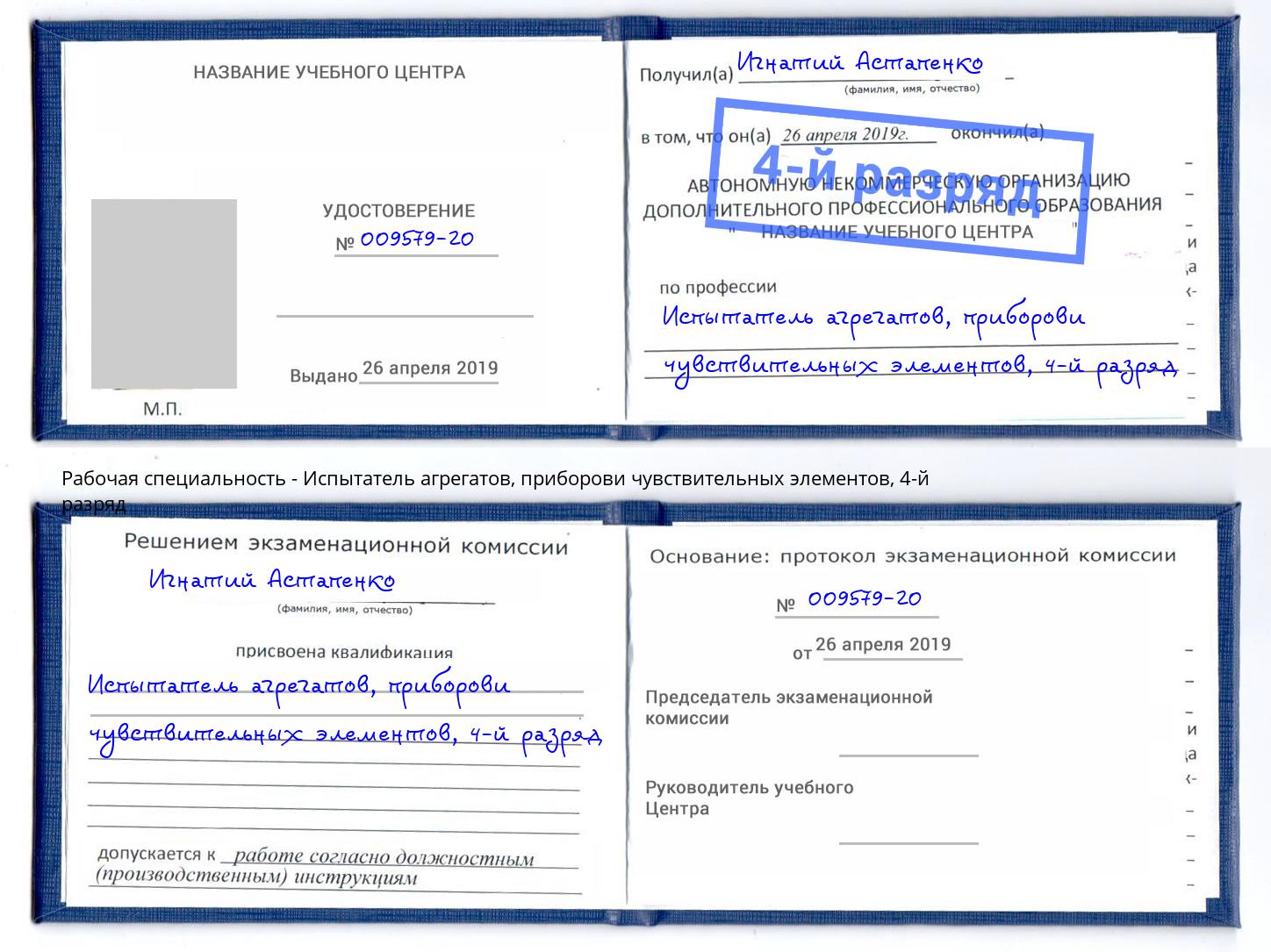 корочка 4-й разряд Испытатель агрегатов, приборови чувствительных элементов Жуковский