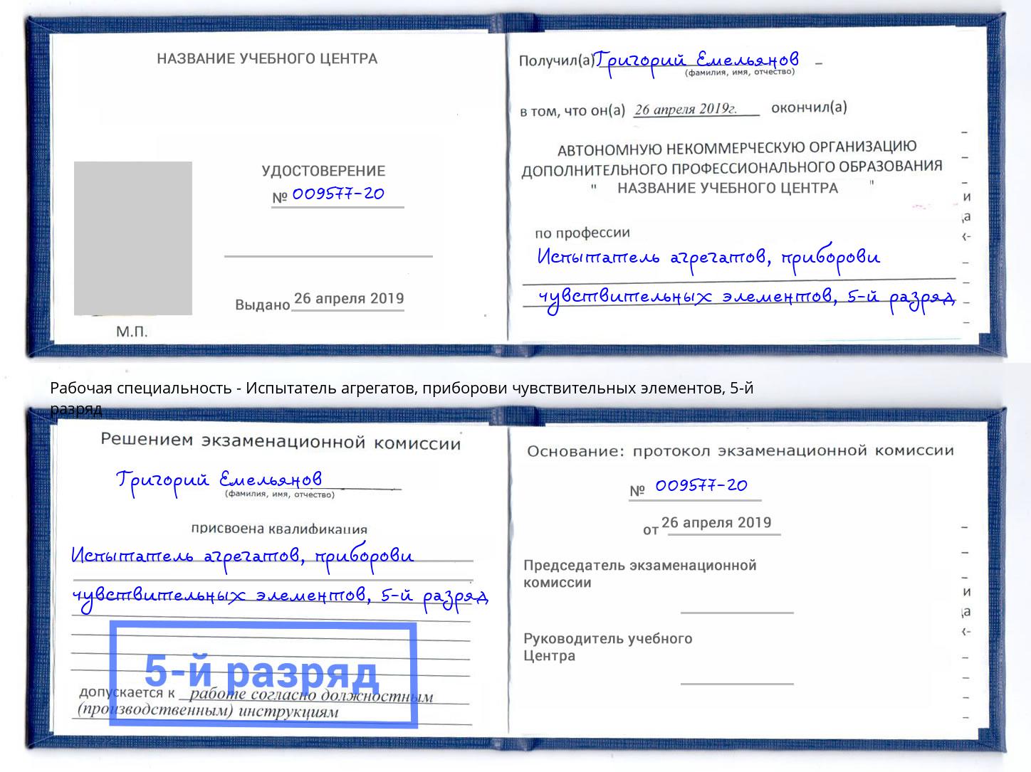 корочка 5-й разряд Испытатель агрегатов, приборови чувствительных элементов Жуковский