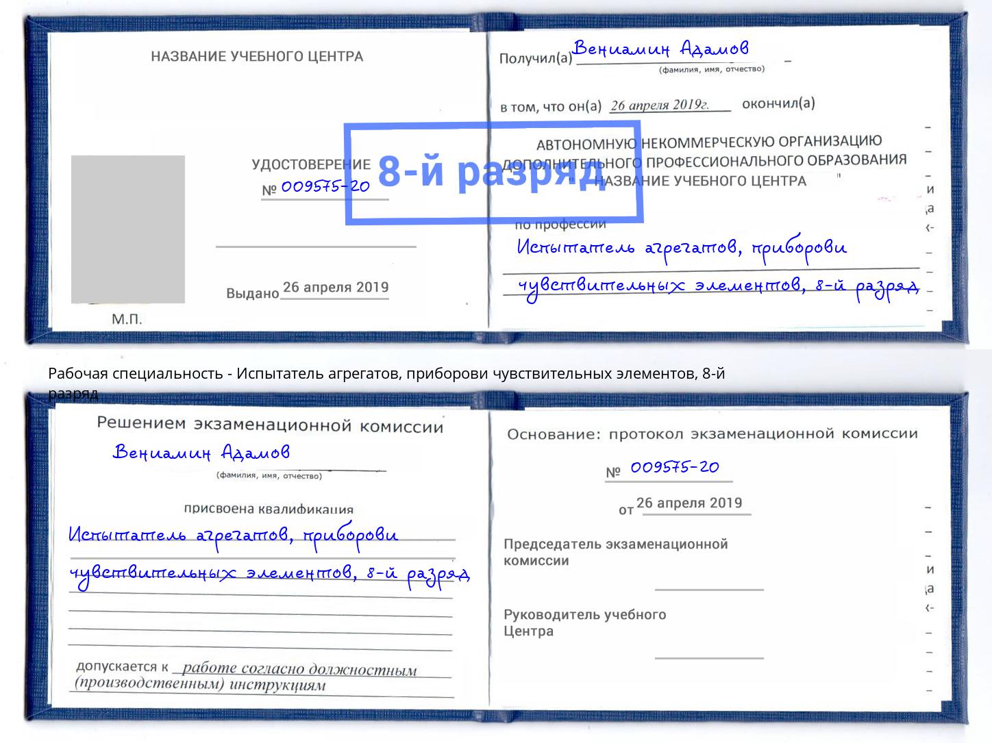 корочка 8-й разряд Испытатель агрегатов, приборови чувствительных элементов Жуковский